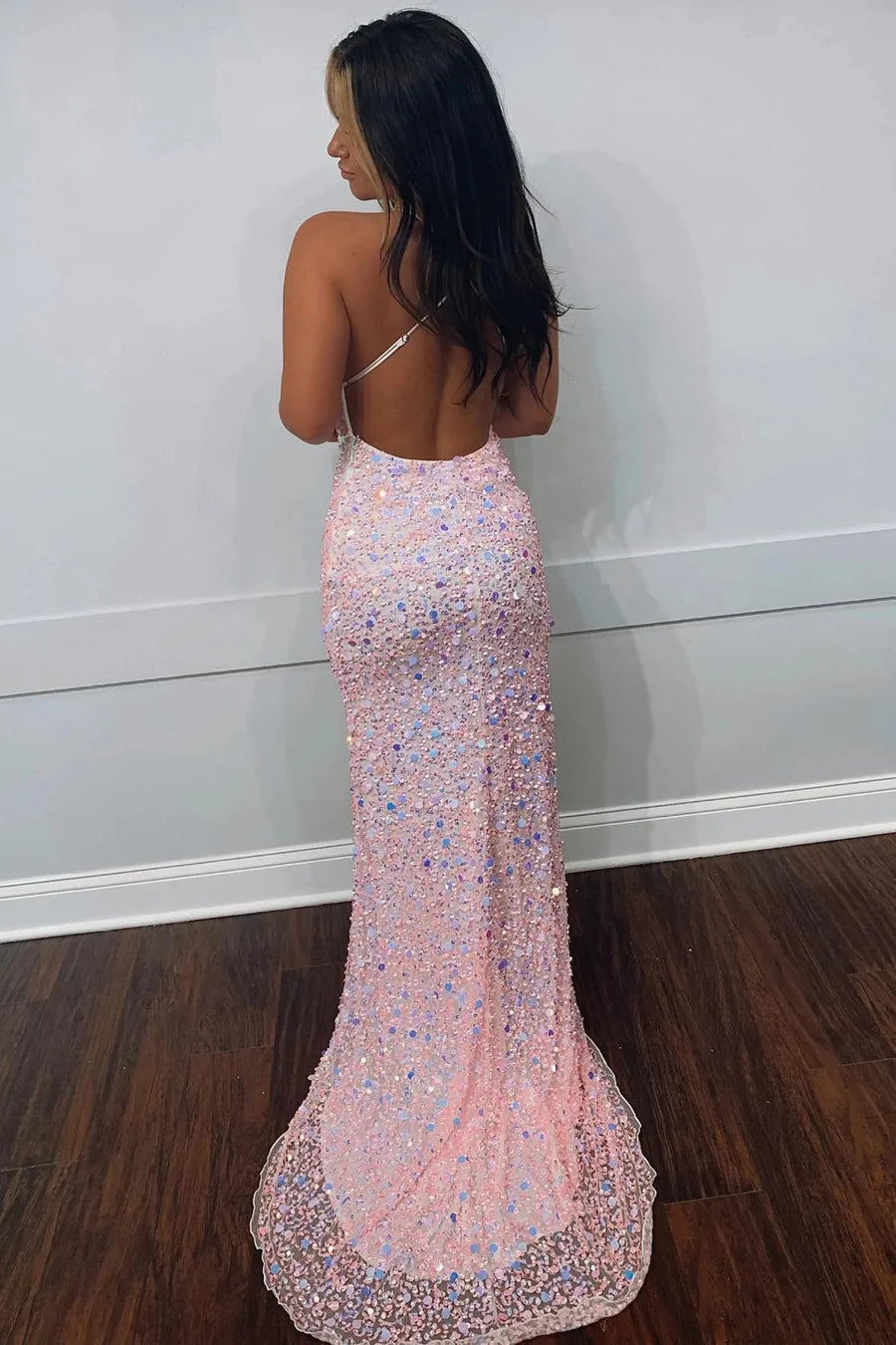 Mermaid Sparkly V Neck Pink Sequins Prom Dresses Evening Dresses